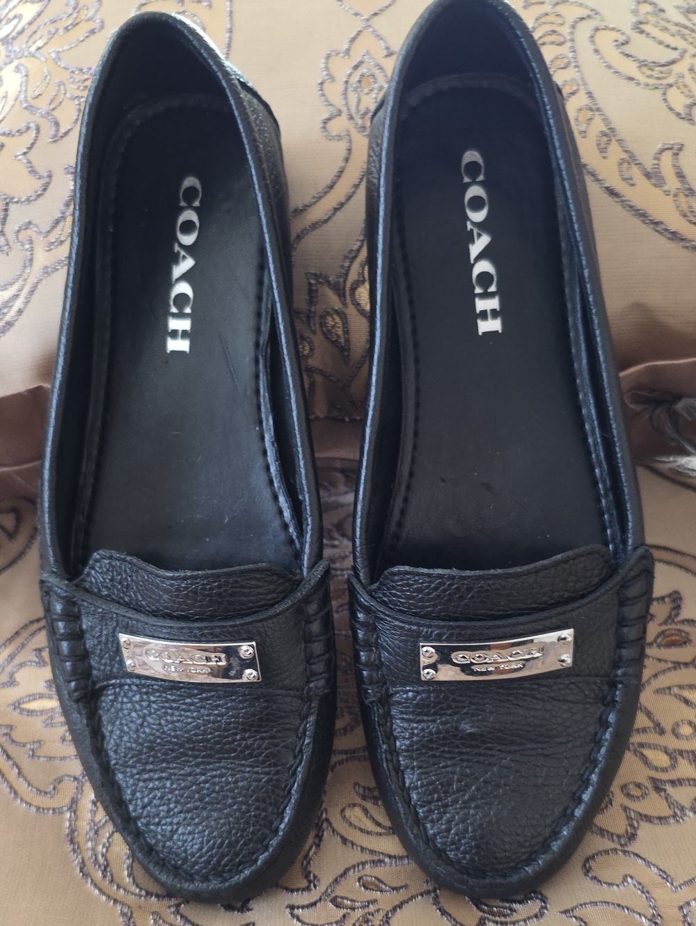 Coach Black Leather Driving Loafers with Silver Plaques